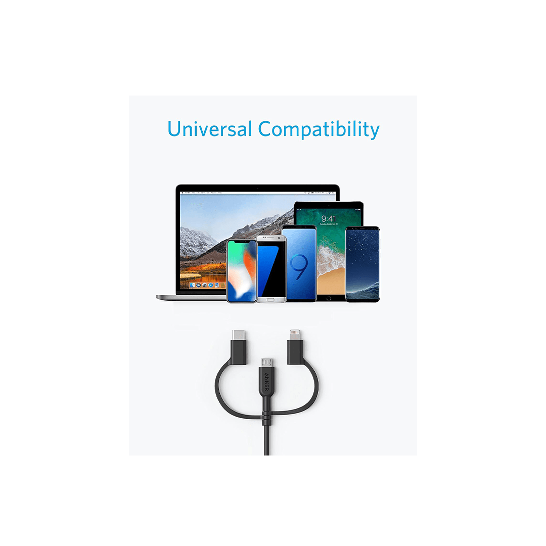 Anker 3-in-1 USB-A to Micro-USB, USB-C, Lightning MFI Certified Fast Charging Cable 3ft - Black in Qatar Anker 3-in-1 USB-A to Micro-USB, USB-C, Lightning MFI Certified Fast Charging Cable 3ft - Black in Qatar